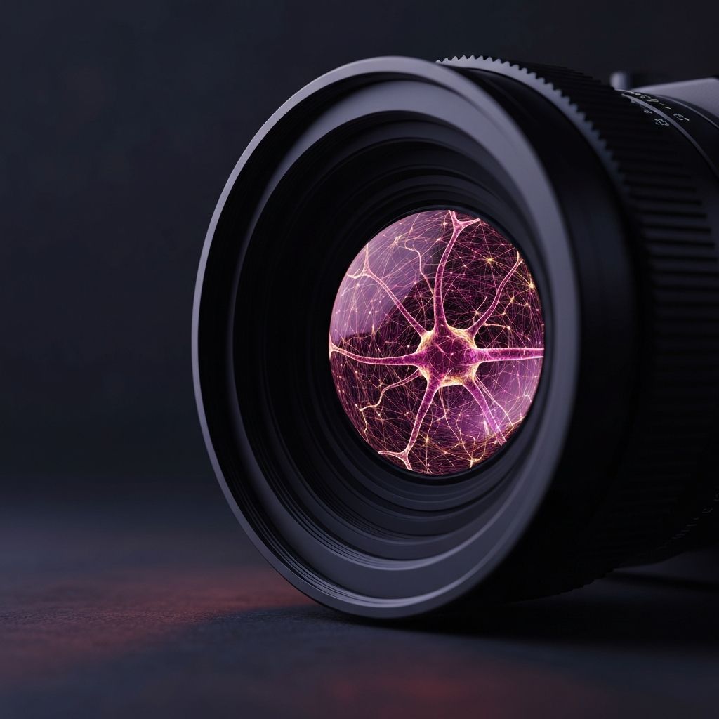 Cinematic macro shot of a high-end anamorphic camera lens in a moody, dark studio environment. Reflecting in the glass of the lens is a glowing, fluid neural network and abstract volumetric light in magenta and gold. Photorealistic 8k, dramatic lighting.
