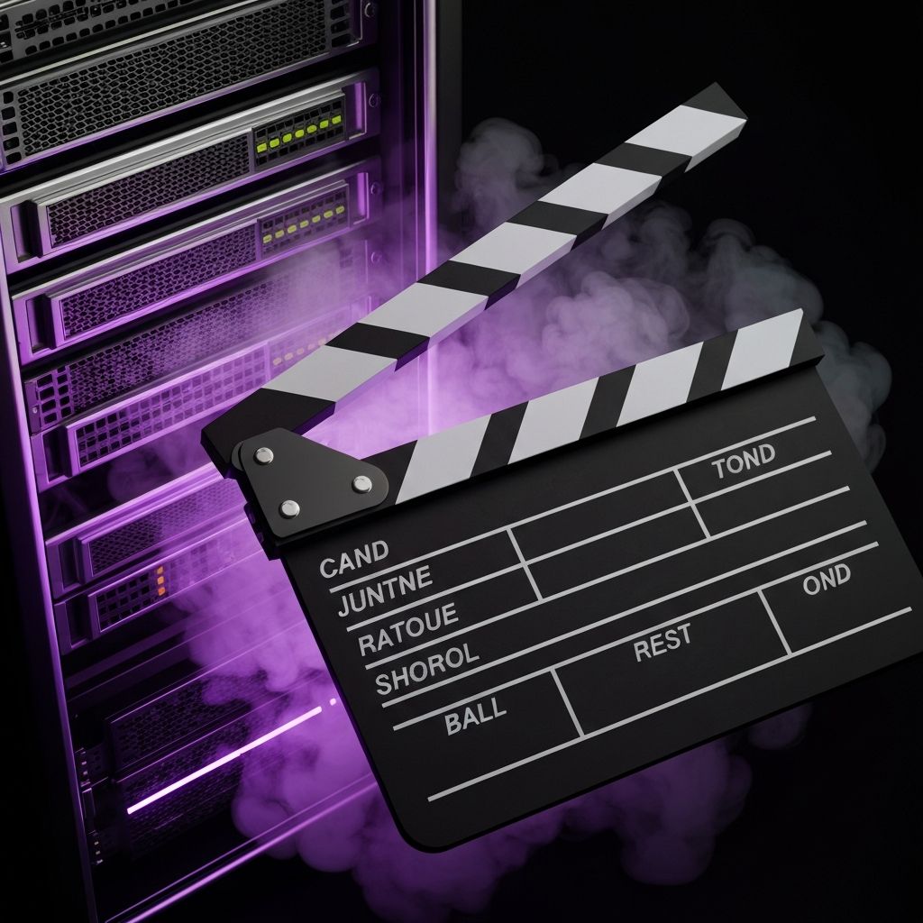 A glowing server rack merging into a classic film clapperboard, volumetric smoke, dark cinematic lighting, highly detailed.
