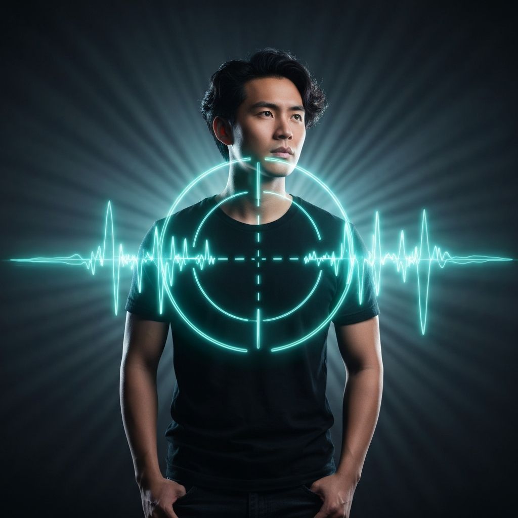 A glowing holographic targeting reticle overlaid on a highly realistic, cinematic portrait of a diverse consumer, moody dark background.