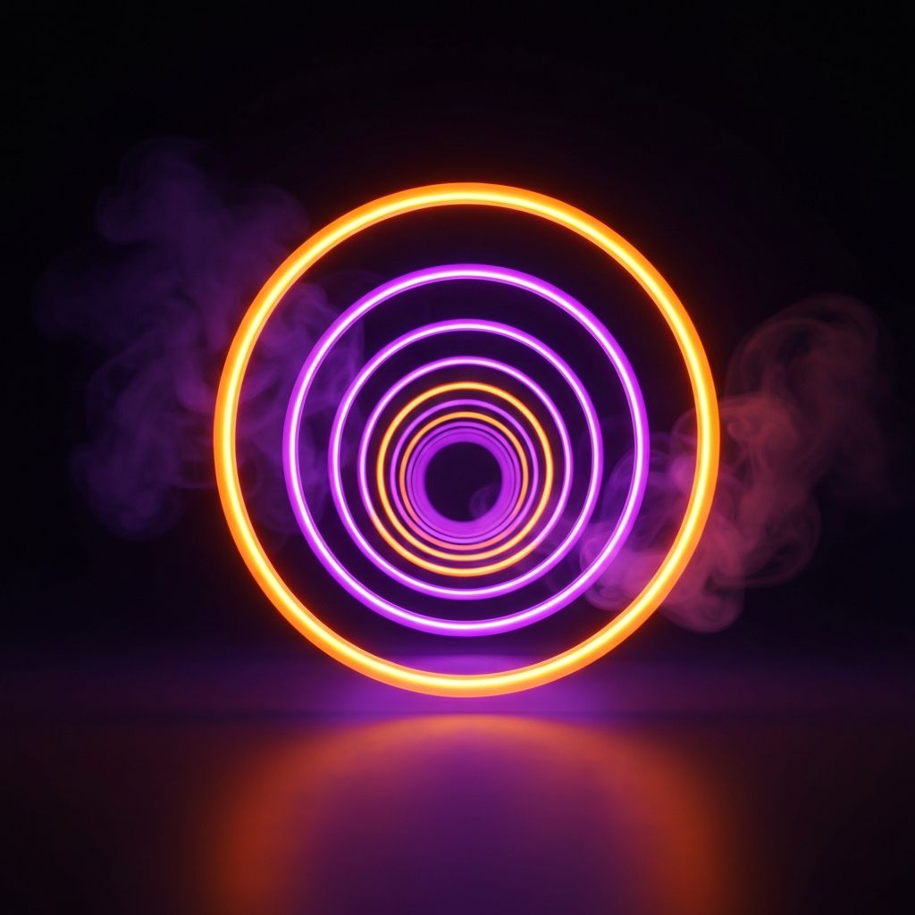 Abstract looping glowing rings of light in orange and purple, cinematic depth of field, representing endless dynamic iteration.