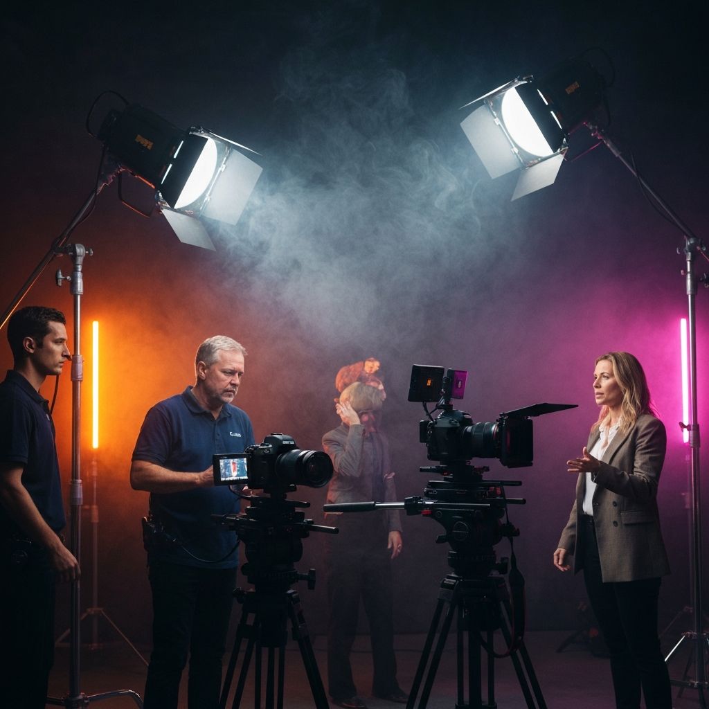 Cinematic shot, behind the scenes of a high-end commercial film set, dark background